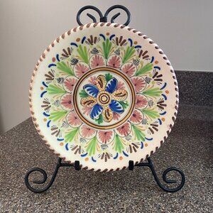 Hand painted artist signed 8" shallow bowl plate hang or display multi-colored